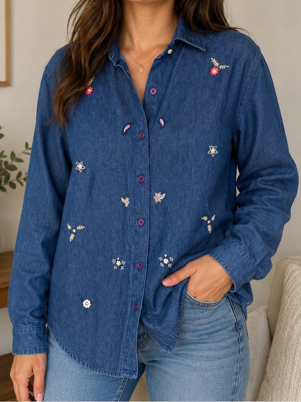Vintage RUPPE Embroidered Denim Button-Up Shirt Floral Cottagecore Oversized